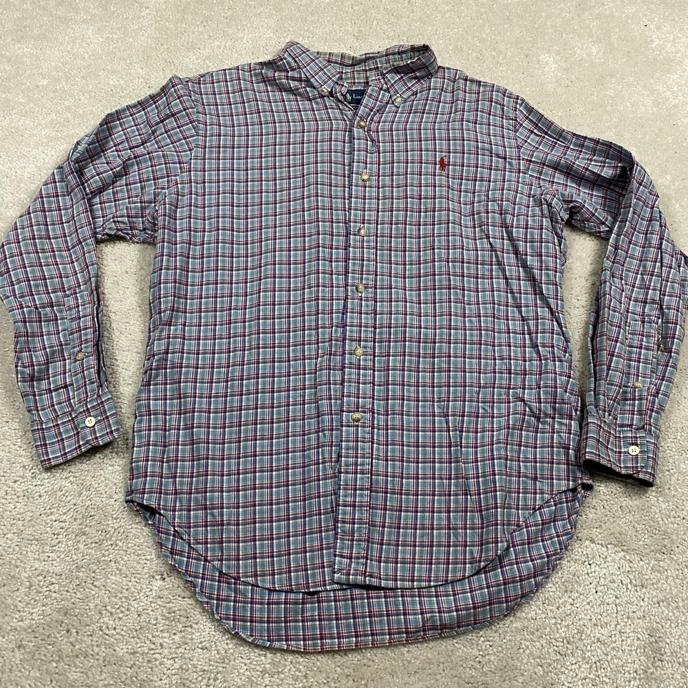 Polo Ralph Lauren Shirt Mens L Blue Plaid Classic Button Down Cotton Pony Preppy